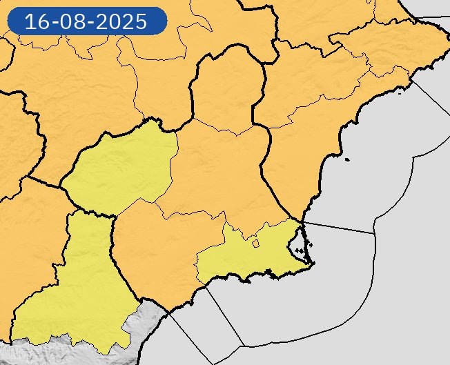 Pc_Abaran's tweet photo. Nueva actualización altas temperaturas 
16/08 00:06 Avisos  activos hoy sábado y mañana Domingo en #Abarán 🚒🚓🌡️pudiendo llegar a los 45°
Evitar salidas al monte y trabajos con maquinaria eléctrica 

 Nivel aviso: rojo.
Actualizaciones en https://t.co/TEbRZRA6XN… https://t.co/K1ksPiZkbY