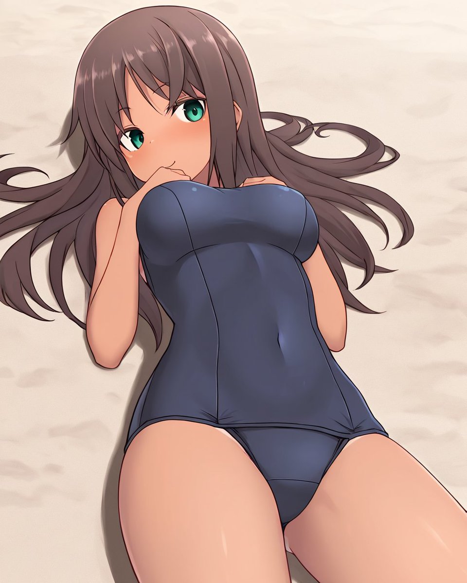 nCzIH2m8v4Chp1D's tweet photo. 「…隊長、こっち来てくださいよ。
スク水で砂浜に寝そべってると、あったかくて、波の音も心地よくて…つい眠くなっちゃいます。
ほら、隣…空けておきますから。一緒に寝そべりましょう」
#アリスギア https://t.co/PdCMNDbjEQ