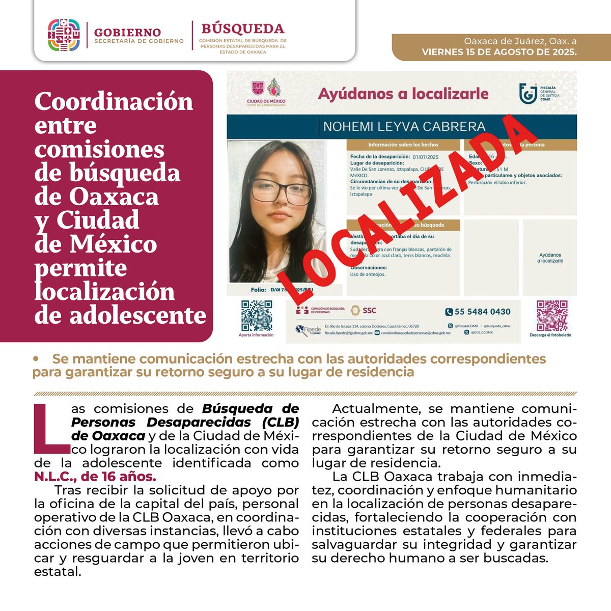 Coordinación entre comisiones de búsqueda de Oaxaca y Ciudad de México permite localización de adolescente.