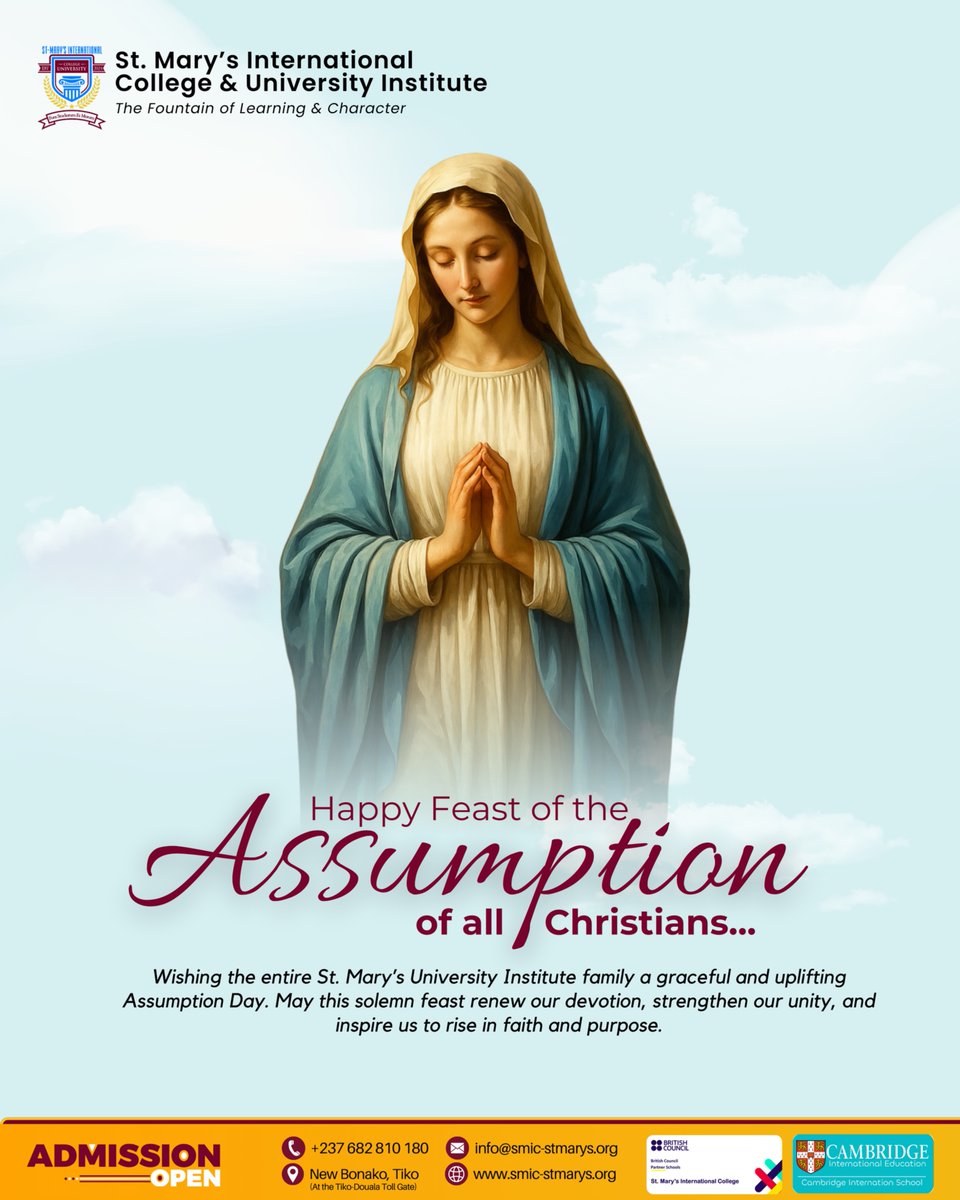 StMarysTiko's tweet photo. Happy Assumption Day from St. Mary’s
As we celebrate the Virgin Mary's glorious ascent, may this sacred day renew our faith, hope, and love guiding us toward purpose and character.

#AssumptionDay #StMarysUniversity #FaithHopeLove #CatholicHeritage #CharacterAndExcellence https://t.co/qD5d3zxwvC