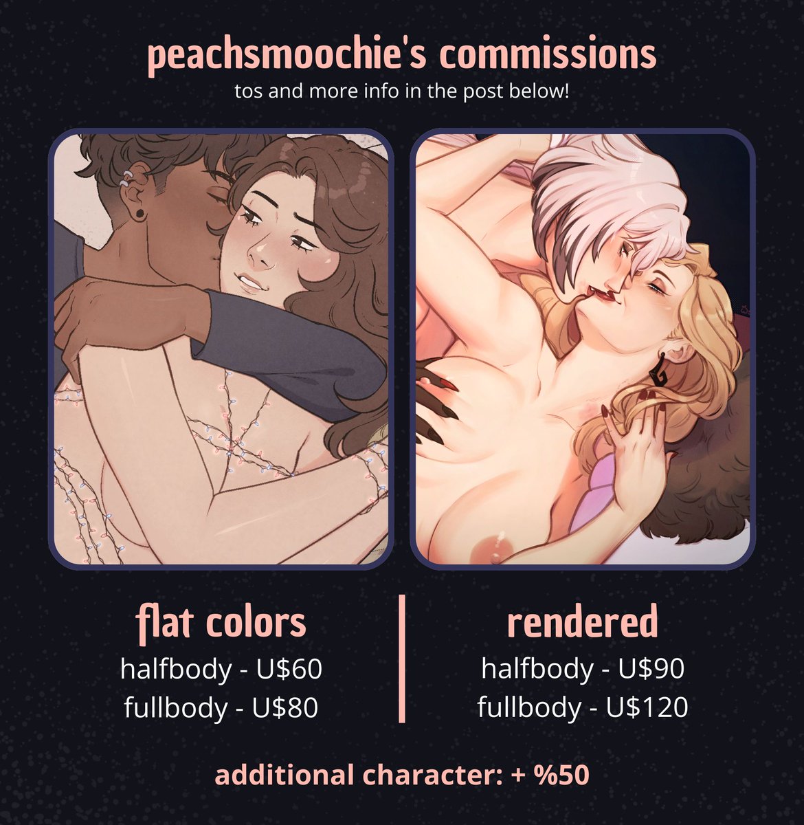 peachsmoochie's tweet photo. 📣 opening a few commission slots!

unexpected vet bills have arisen, so if you want to reserve a spot, please fill the form in the thread below! you can find my tos and more info there as well.

shares are very welcome! thank you for your support ✨ https://t.co/Xnhg8Pt2Ri