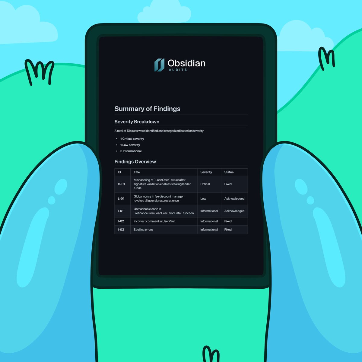 BAE 🩵 Obsidian Audits

We are excited to announce the successful completion of our audits with Obsidian. Moving forward, BAE is committed to securing additional audits to ensure the ongoing safety and security of our community

View the full audit report by <a href="/ObsidianAudits/">Obsidian | DeFi Security</a> below