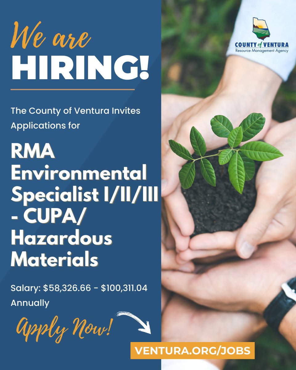 CoVenturaJobs's tweet photo. Now Hiring: Environmental Health Specialist I/II/III - CUPA/Hazardous Materials

Salary: $58,326.66 - $100,311.04 Annually

This role offers the opportunity to make a meaningful impact while working in a dynamic, service-oriented environment. 

VISIT: https://t.co/oHsmyatej3 https://t.co/R1M311r7SB