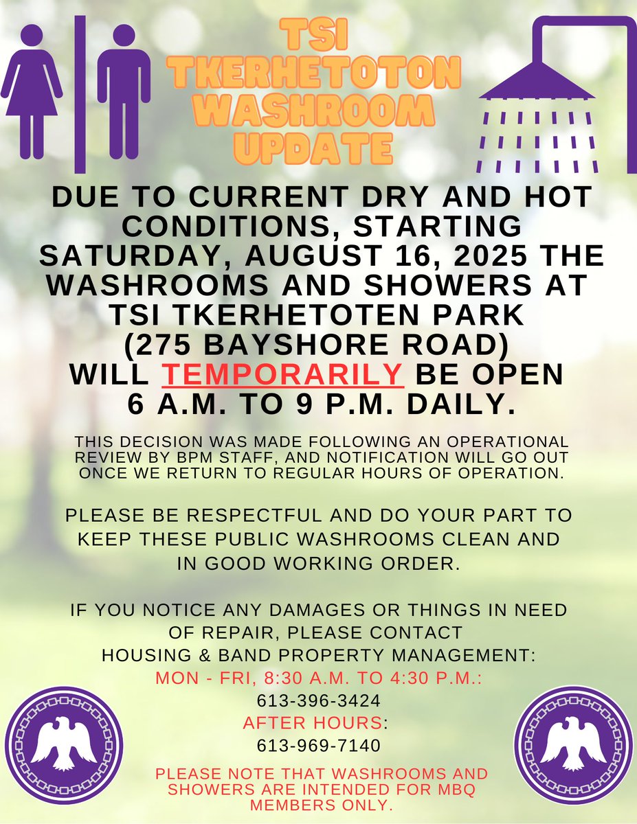 Please be advised that due to current dry and hot conditions, starting Saturday, August 16, 2025, the washrooms and showers at Tsi Tkerhetoten Park (275 Bayshore Road) will temporarily be open 6 a.m. to 9 p.m. daily.