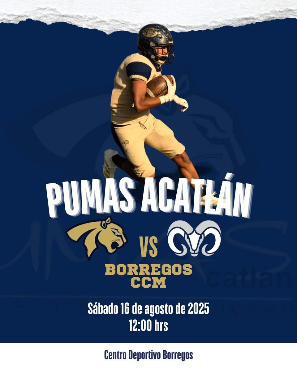 ¡Primer Scrimmage de la Liga Mayor! 🔥🏈

Pumas Acatlán 👣 vs Borregos CCM.

📅 Sábado 16 de agosto 2025
🕛 12:00 hrs
📍 Centro Deportivo Borregos

¡Vamos con todo, #PumasAcatlán! 💛💙 #DeAcáSomos 
#ConRugidoPropio