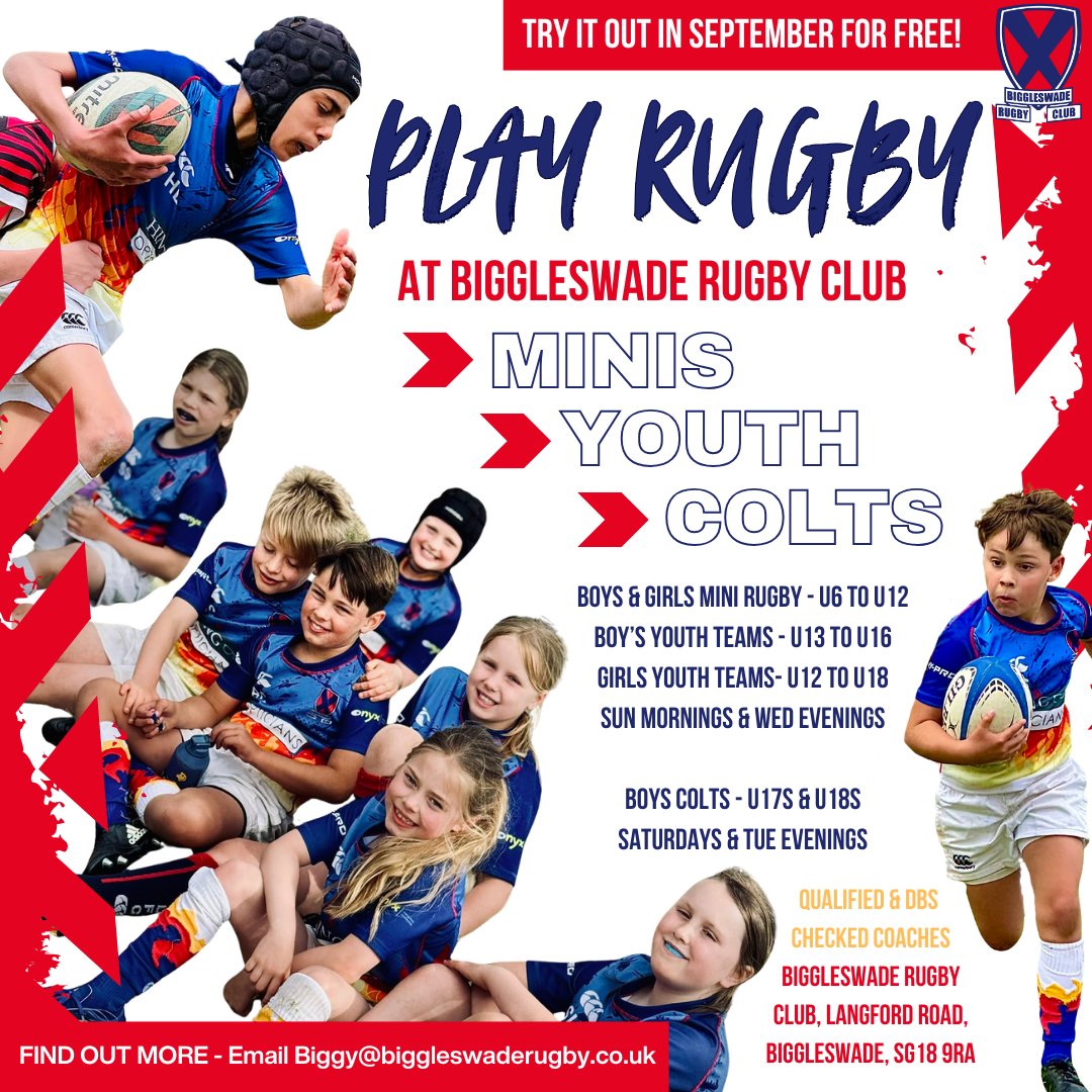 🏉 TRY US OUT! 🏉
🏃‍♀️The minis, youth and Colts' season officially begins on Sep 7 and our young players are raring to go!
🏃‍♂️We cater for boys and girls from aged 5 to 18, and are always happy to have new faces join us. 
📩 More info:  Biggy@biggleswaderugby.co.uk