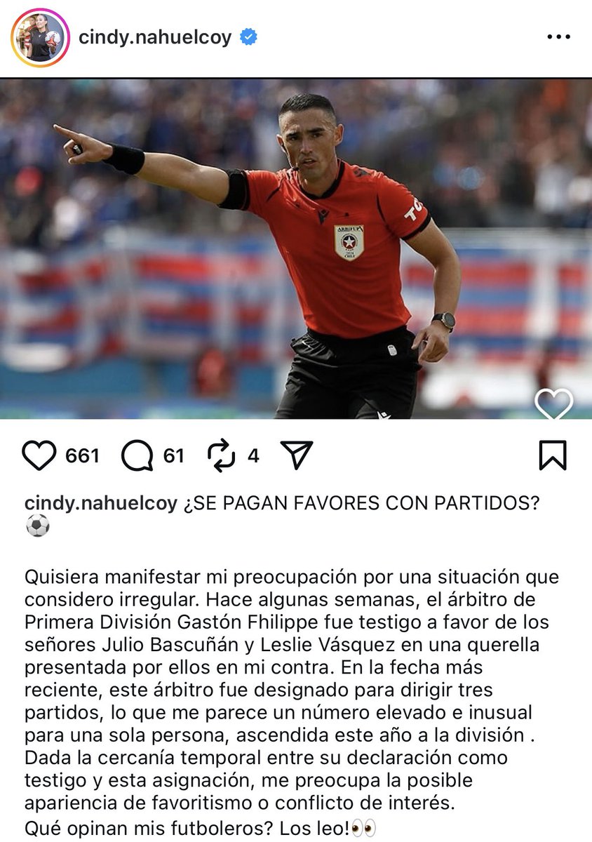 DiegoConstanzo's tweet photo. Hace un par de minutos, Cindy Nahuelcoy (ex arbitra nacional) expuso en Instagram una situación muy anómala sobre el juez Gastón Philippe, sus asignaciones referiles y como fue citado a ser testigo ante una querella presentada.

Complejo es poco. https://t.co/wqsG69wGvG