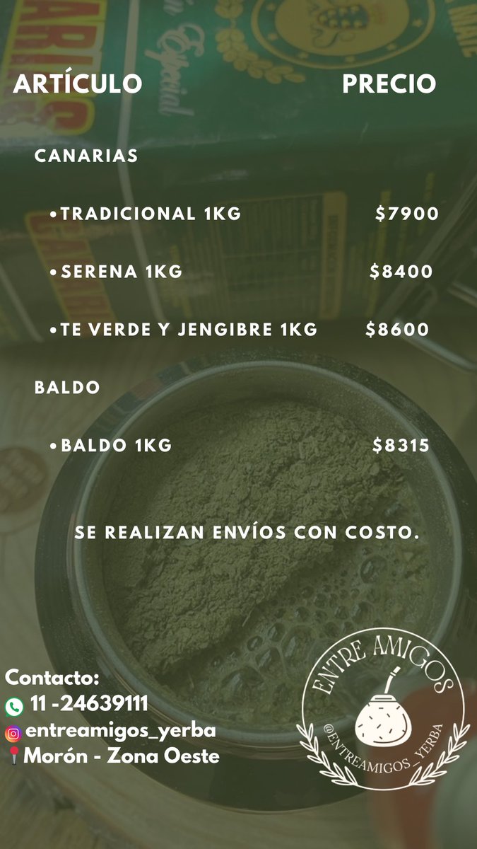 Es un emprendimiento con mi pareja.

🌿 ENTRE AMIGOS YERBA🌿
¡Llevá el sabor auténtico a tu casa!

🔥 Venta de yerba mate. 
📦 Presentaciones disponibles: paquetes de 1kg.
📍 Morón, zona oeste. 
📲 Hacemos envíos.