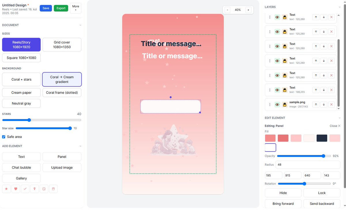 In the last 24h, I rebuilt Canva because - why not🧐

A lightweight, customized version of Canva in one day, so my wife can easily generate assets for her FB and IG posts, tailored to her brand.

Should I turn this into a product?