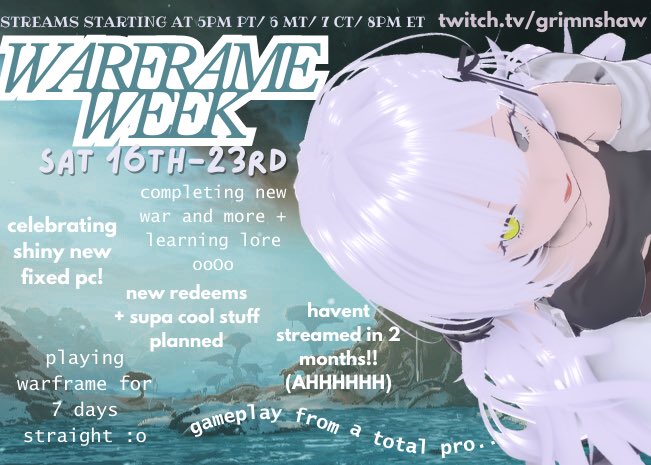 In celebration of a crash free pc &amp; streaming for the first time in 2 MONTHS im doing a WARFRAME MARATHON!!!

I owed chat some framing anyway so this is perfect to get back into da groove 

streaming after 1 day off makes me nervous let alone 2 months im freakiNGOUT

Be there🫵