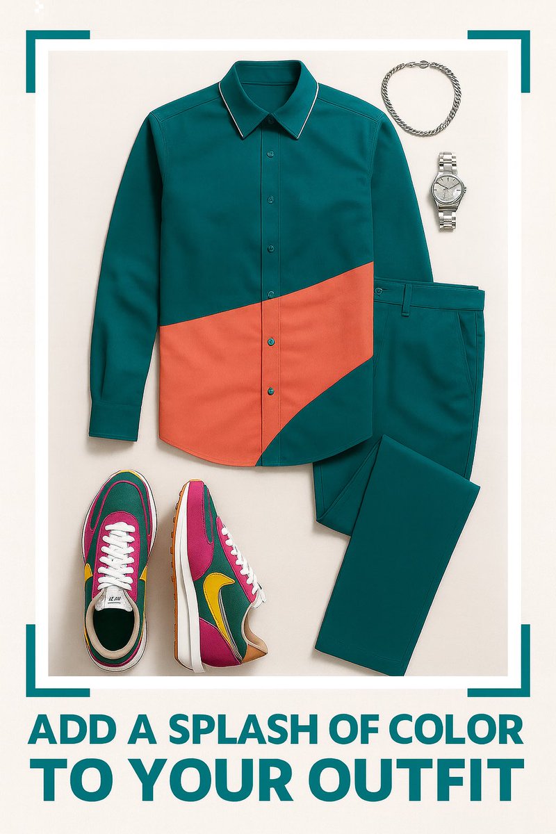 StylistSeerJ's tweet image. 🎨✨ Add that POP to your wardrobe! This look blends bold teal &amp;amp; coral with vibrant sneakers for the perfect color statement. Whether you’re hitting the streets or stepping into a casual event, own the spotlight. 💥👟

#ColorPopStyle #MensStyle #StreetwearVibes #FashionStatement