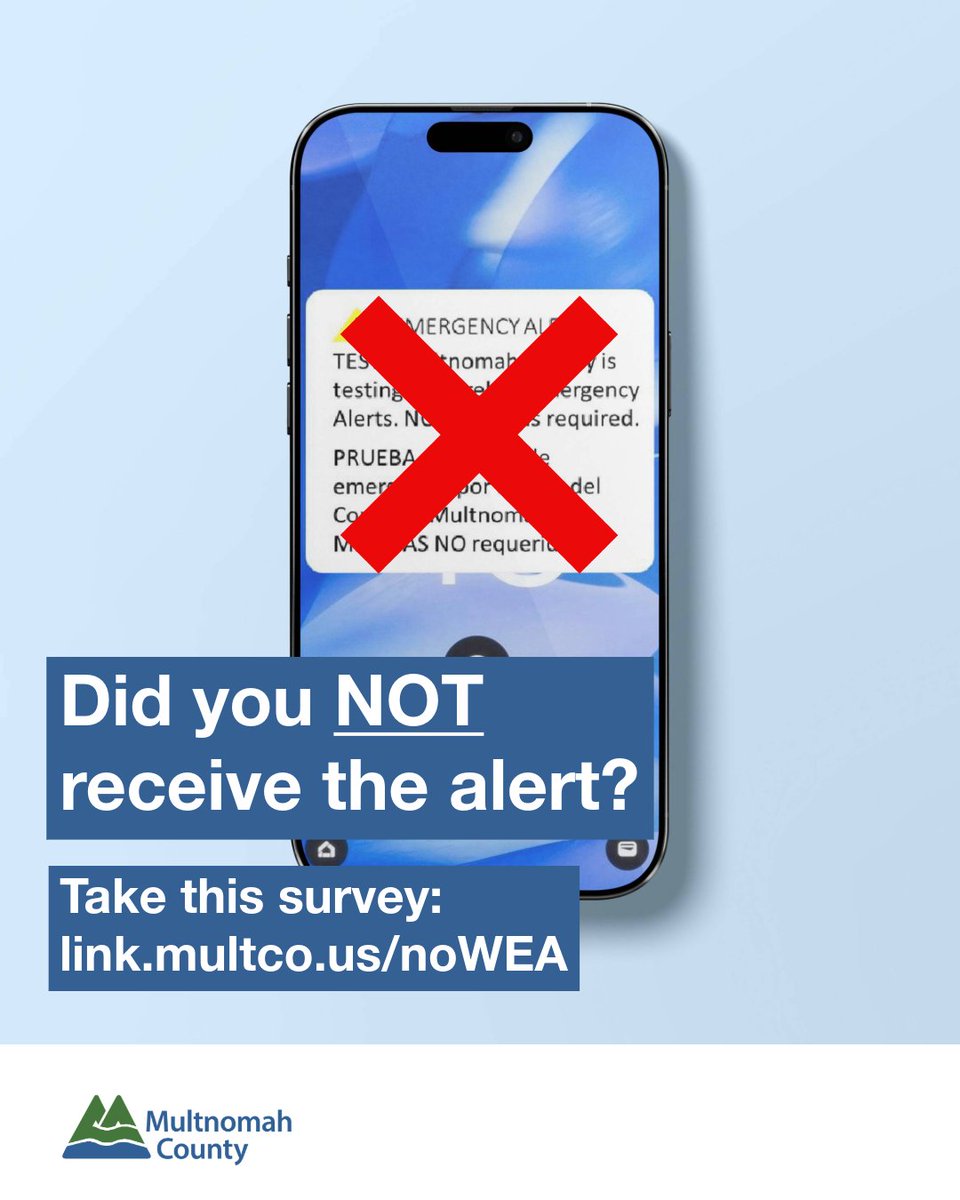 multco's tweet image. Thank you, Multnomah County! Your help with yesterday’s Wireless Emergency Alert test is helping us prepare for real emergencies.

🛑 If you did NOT receive the alert while you were in Multnomah Co. on Aug. 14 between 2-2:30 p.m., please take our survey:  link.multco.us/noWEA