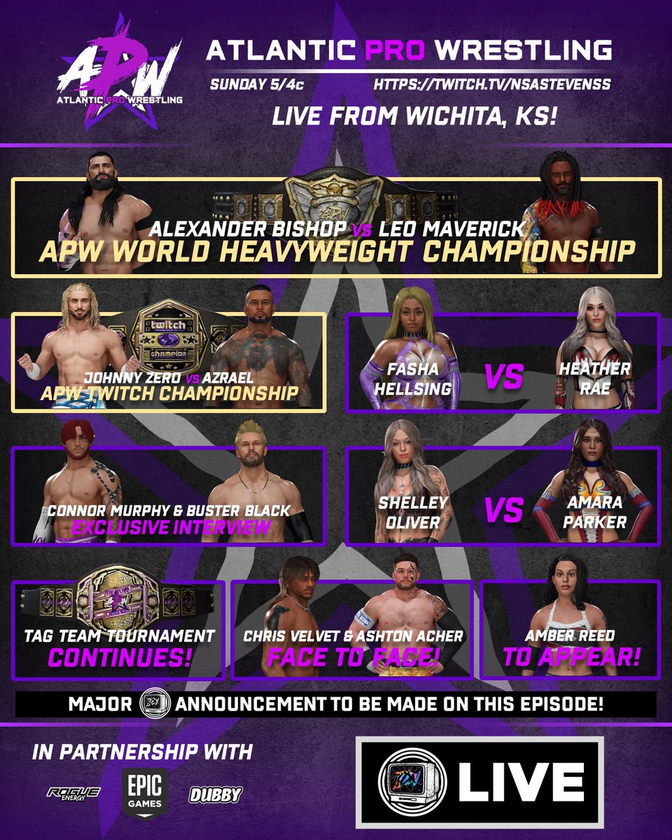 APW Live! (@apw_live) on Twitter photo ๐จAPW Ep. 15๐จ
๐APW World Heavyweight Championship
๐APW Twitch Title
๐Hellsing vs Rae
๐ฅ Murphy/Black Interview
๐Oliver vs Parker
๐คVelvet/Acher Face to Face
๐Amber Reed Live!
๐คผโโ๏ธTag Tournament Continues
๐ขTDN Announcement
๐๏ธSUNDAY๐๏ธ
๐4pm CST๐
โก๏ธTwitch.tv/nsastevenssโฌ
๏ธ ๐จAPW Ep. 15๐จ
๐APW World Heavyweight Championship
๐APW Twitch Title
๐Hellsing vs Rae
๐ฅ Murphy/Black Interview
๐Oliver vs Parker
๐คVelvet/Acher Face to Face
๐Amber Reed Live!
๐คผโโ๏ธTag Tournament Continues
๐ขTDN Announcement
๐๏ธSUNDAY๐๏ธ
๐4pm CST๐
โก๏ธTwitch.tv/nsastevenssโฌ
๏ธ