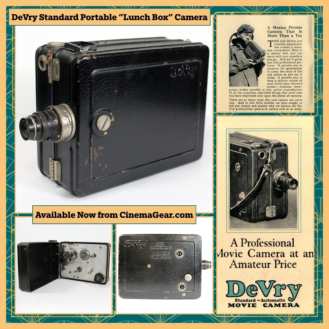 cineeng's tweet photo. The DeVry Standard Portable Camera, nicknamed the Lunch Box for its rectangular metal box design, was first demonstrated before the American Society of Cinematographers in 1925 and offered for sale in 1926. https://t.co/4tBesFsSaB #CinemaGear #DeVry #cameras #35mm https://t.co/90ceGrjz5k