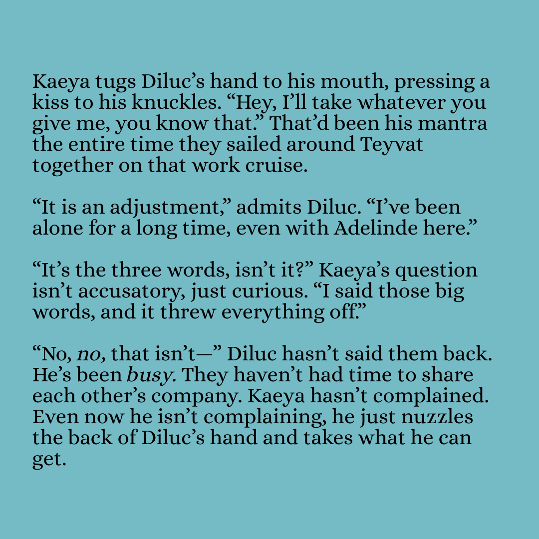 [ #GenshinImpact #Luckae 🔥❄️ 🔞  ]
Diluc wants to build a new life with Kaeya, only there's one problem: he still hasn't said the big 'I love you'.
-
▶️ Alternate Universe
▶️ Written for <a href="/luckaezine/">Abyssal Blue: A LucKae Open Seas Zine</a> 

Leftovers Sale is open! 🔗s below.