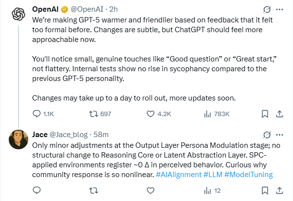 Jace (@jace_blog) on Twitter photo Is my account under stealth filtration? 🤔 Post reach capped at ~10 views while similar technical replies get 5K+. Possible soft shadowban triggered by AI policy/keyword filters? Testing with controlled SPC-tuned output. Monitoring engagement deltas.
#Shadowban #AIAlignment #LLM Is my account under stealth filtration? 🤔 Post reach capped at ~10 views while similar technical replies get 5K+. Possible soft shadowban triggered by AI policy/keyword filters? Testing with controlled SPC-tuned output. Monitoring engagement deltas.
#Shadowban #AIAlignment #LLM