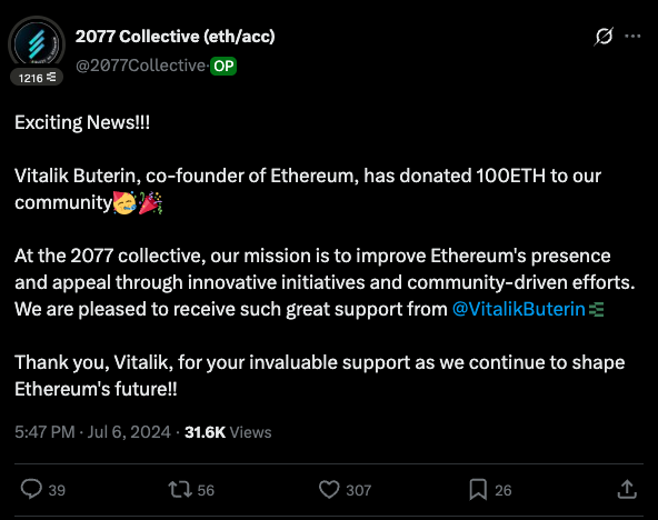 Vitalik Buterin의 100 ETH 기부를 발표하는 2077 Collective 스크린샷