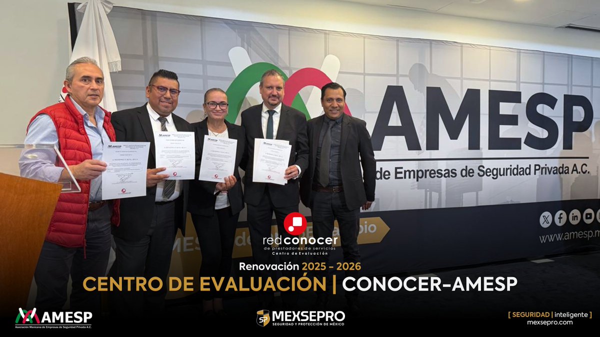 MEXSEPRO sigue avanzando en la profesionalización de la seguridad privada en México.

Renovamos nuestra acreditación como Centro de Evaluación ante el <a href="/ConocerMx/">Conocer MX</a> y la <a href="/AMESP_oficial/">AMESP</a>  para el periodo 2025 – 2026 ✅

#MEXSEPRO #SeguridadPrivada #Certificación #Profesionalización