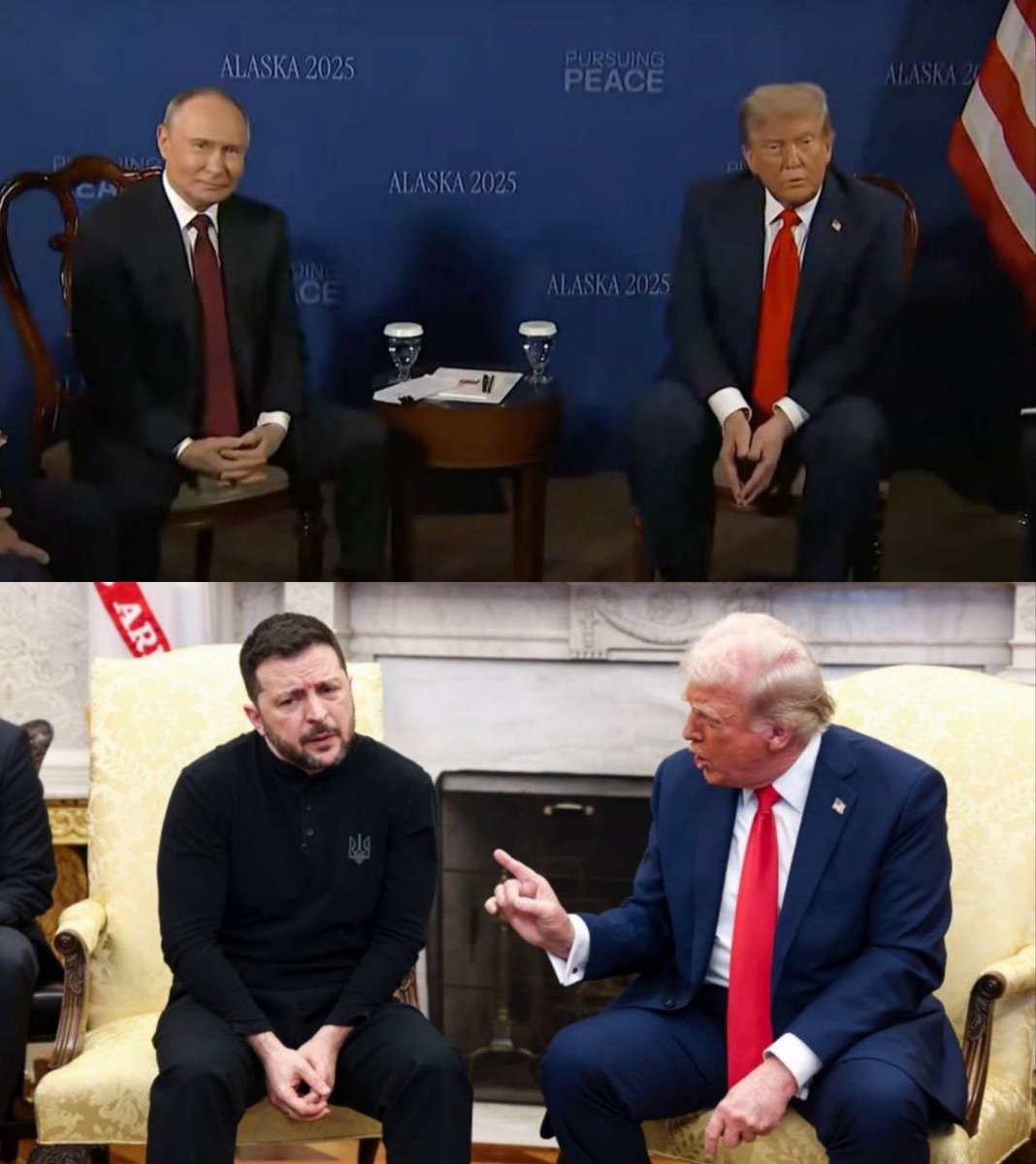 AD_React's tweet photo. The difference is clear, nervousness is real 😂 
Trump be like - you take Ukraine 
I'll receive a noble peace prize.
#Ceasefire #tump #Putin #AlaskaSummit https://t.co/MpOwp6wsne