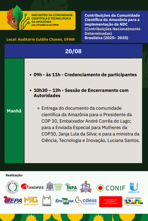 A COP30 precisa ouvir a Amazônia! As universidades e institutos de pesquisa da região trazem ciência, tecnologia e soluções inovadoras para enfrentar a crise climática. Encontro da Comunidade Científica da Amazônia (22–26/09), vamos mostrar nossas contribuições às NDCs.