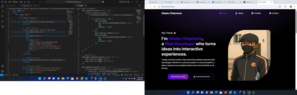 IamChiemerie's tweet photo. Day 15 of #30DayLearningChallenge: Done with my #Portfolio! Used JS for dynamic skills, scroll events, mobile nav, &amp; EmailJS for contact form. Pure HTML, CSS, JS. See it: https://t.co/ROq6hmDeq3 Feedback plz! #BuildInPublic #WebDev #CodingJourney https://t.co/4GPpSqcSvp