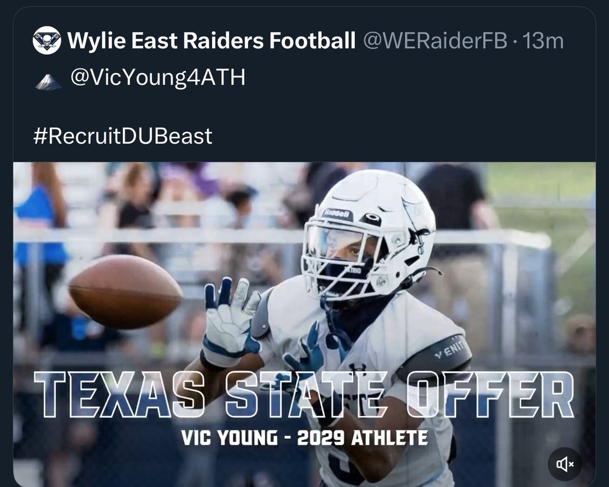 Vic Young IV (@vicyoung4qb) on Twitter photo Blessed to receive my 1st offer
<a href="/CoachMarcusGold/">Marcus Gold</a> <a href="/CoachJayRose/">Jay Rose</a>
<a href="/CoachWyattJ/">Jordan Wyatt</a> <a href="/WERaiderFB/">Wylie East Raiders Football</a> <a href="/glomanlam/">Chop๐ฒ</a> <a href="/athlete_texas/">Texas Student Athlete Academy</a>
#RecruitDUBeast Blessed to receive my 1st offer
<a href="/CoachMarcusGold/">Marcus Gold</a> <a href="/CoachJayRose/">Jay Rose</a>
<a href="/CoachWyattJ/">Jordan Wyatt</a> <a href="/WERaiderFB/">Wylie East Raiders Football</a> <a href="/glomanlam/">Chop๐ฒ</a> <a href="/athlete_texas/">Texas Student Athlete Academy</a>
#RecruitDUBeast