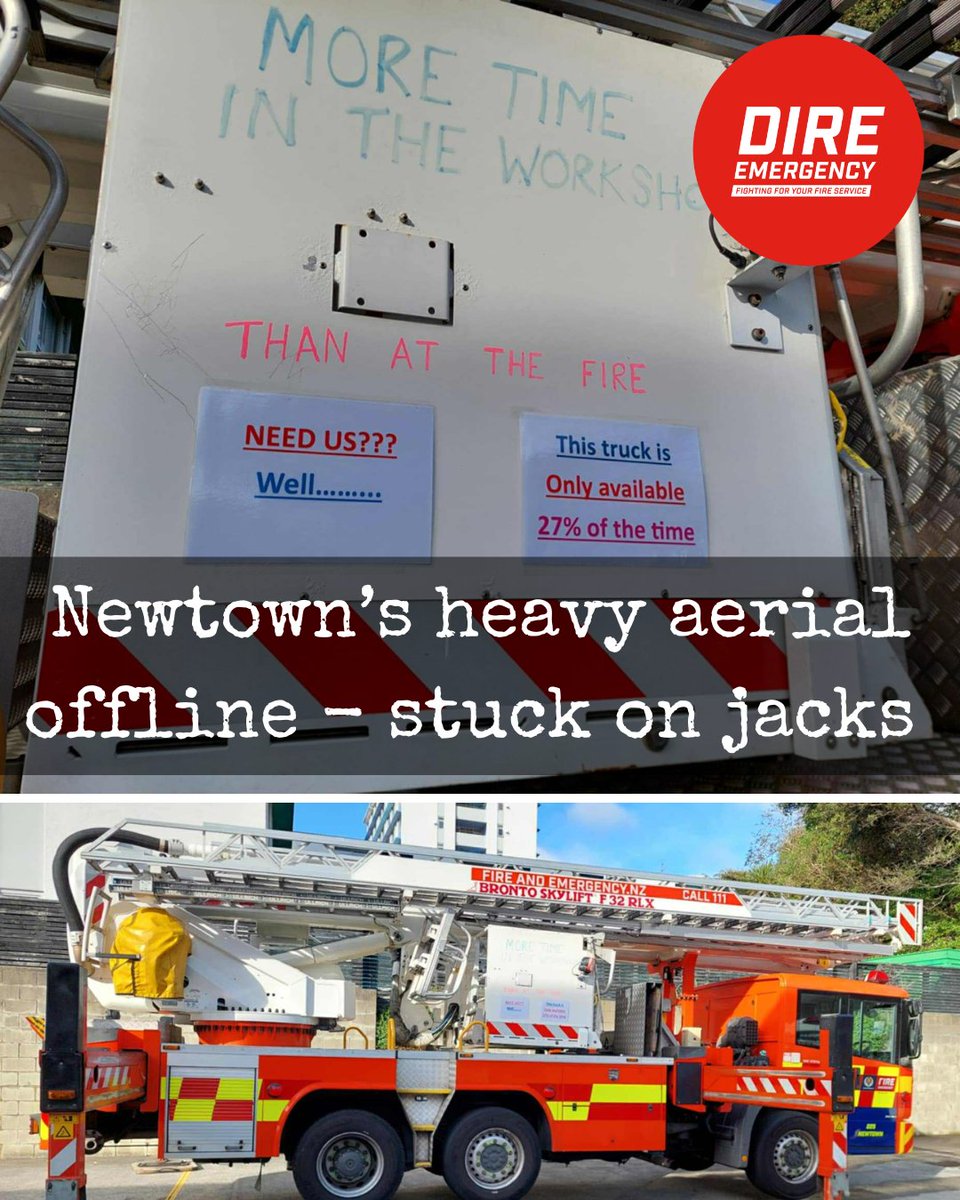 WELLINGTON AERIAL FLEET IN CRISIS | Newtown’s 32m heavy aerial is offline with a reoccurring fault, stuck in the rear yard, on jacks, desperately waiting for parts to be collected and delivered from Palmerston North #DireEmergency
