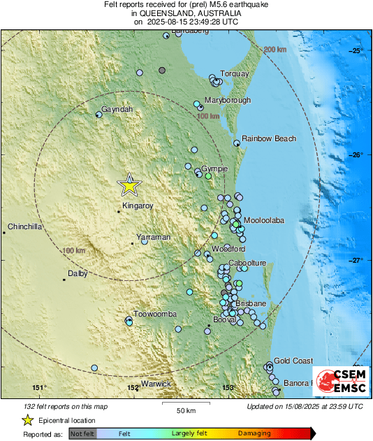 LastQuake's tweet image. #Earthquake 30 km N of #Kingaroy (#Australia) 10 min ago (local time 09:49:28). Updated map - Colored dots represent local shaking &amp;amp; damage level reported by eyewitnesses. Share your experience:
📱m.emsc.eu/#app
🌐m.emsc.eu/?id=1849005