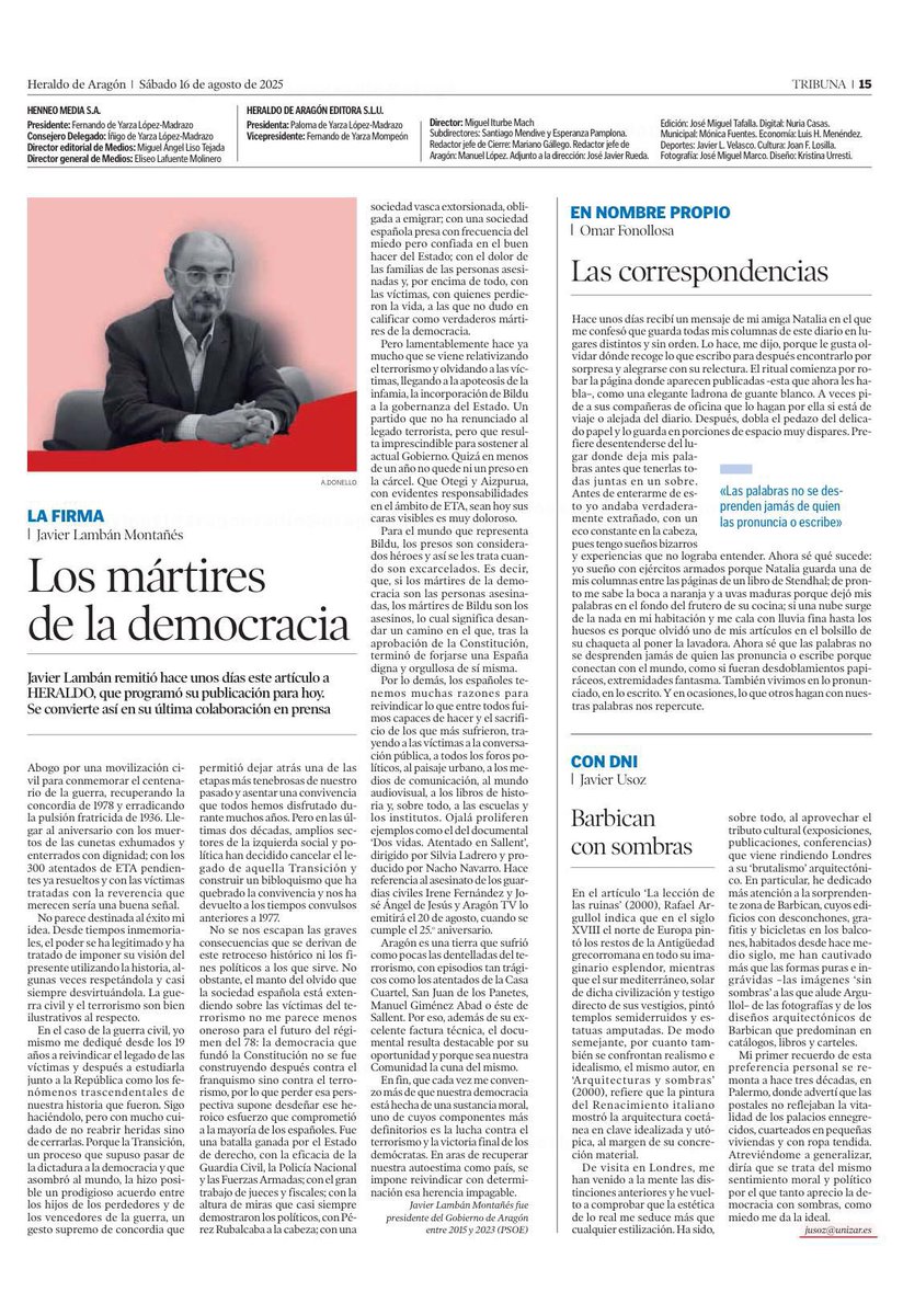 navedelmisterio's tweet image. Reportaje póstumo de Javier Lambán en el Heraldo de Aragón. 
Sobrecoge casi todo lo que dice. Y también la referencia al documental “Dos Vidas” dedicado a la lucha antiterrorista y producido por el compañero @nachonavarrogil.