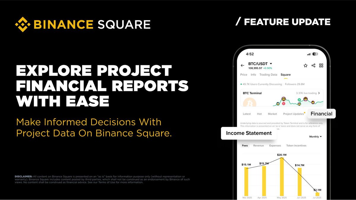 Binance Square feature update showing project financial reports powered by Token Terminal