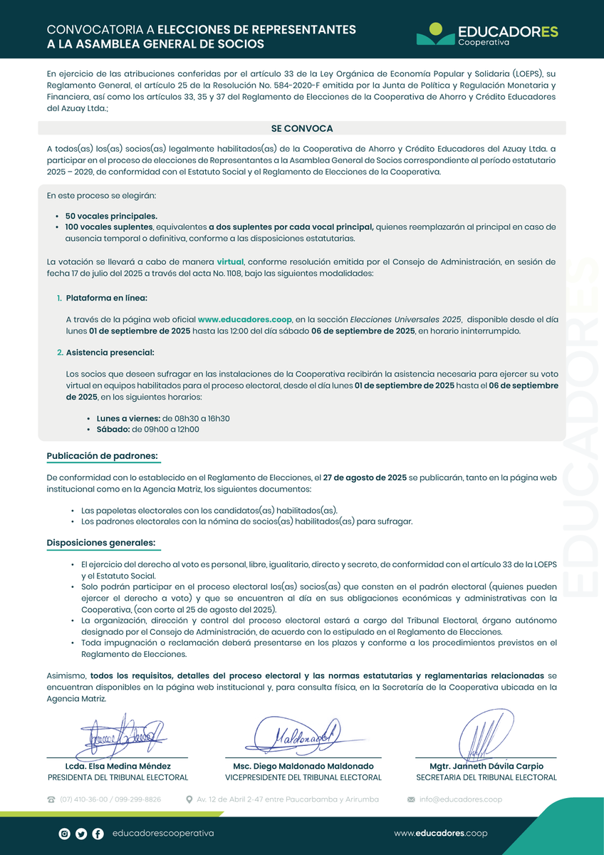 #Convocatoria #ProcesoElectoral2025
#EDUCADOREScooperativa
Conozca más detalles sobre el proceso electoral en:
educadores.coop/elecciones/