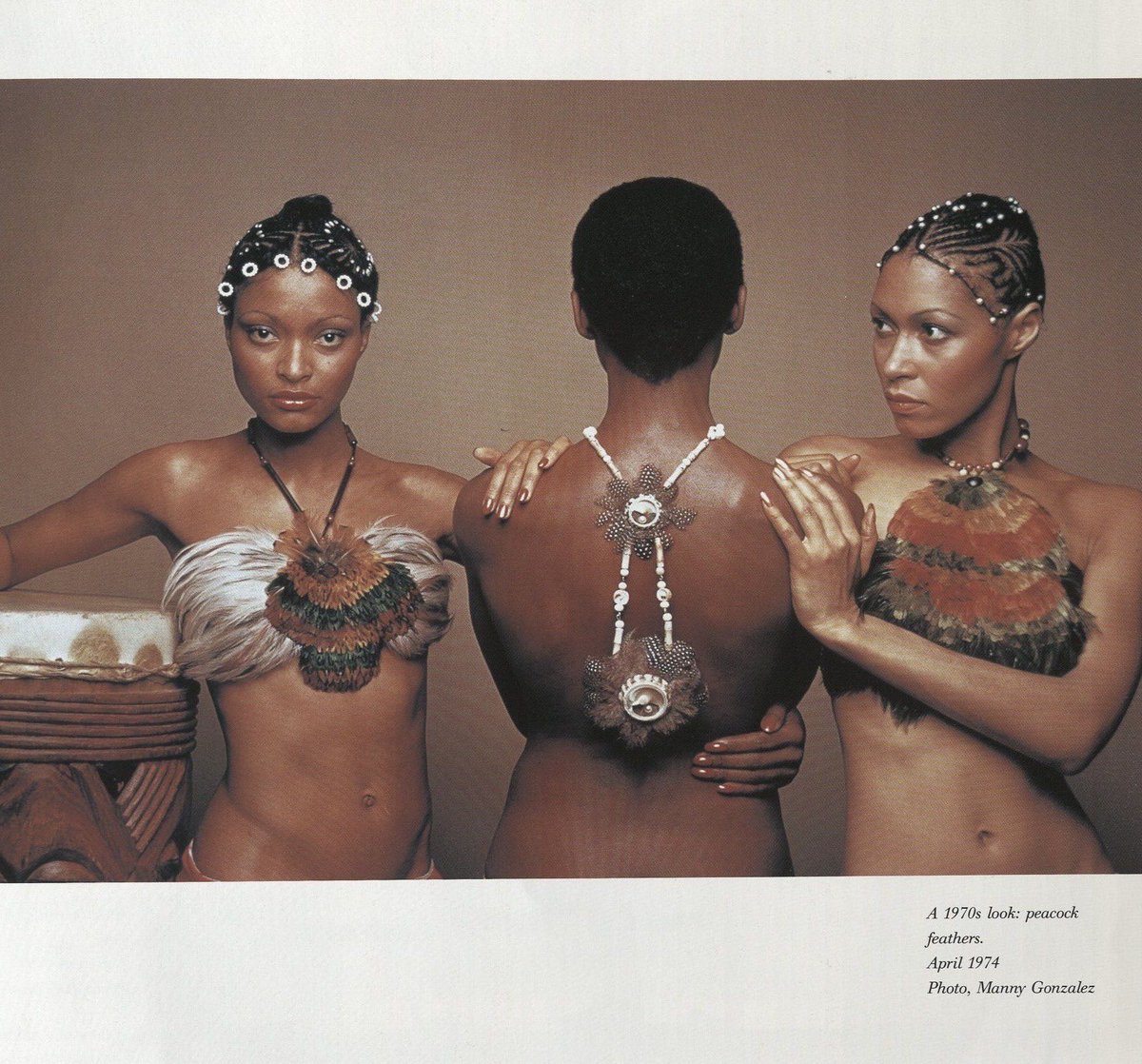 — black women wearing peacock feathers in essence magazine, april 1974. 🦚🤎🤍

📸 by: manny gonzalez