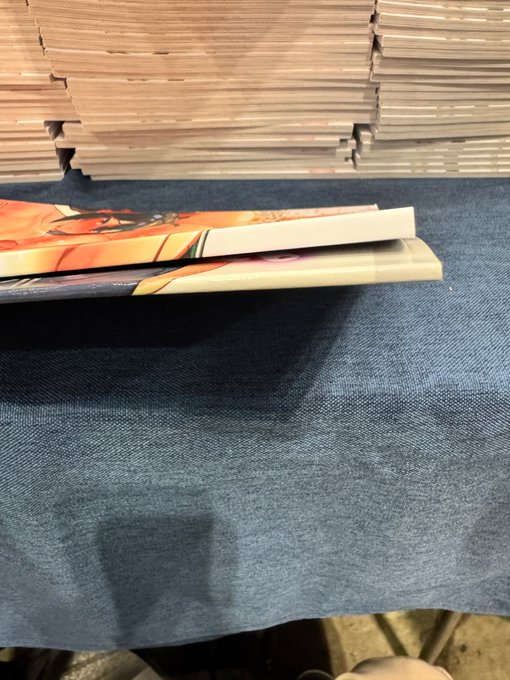 と、とんでもねぇもんになってた…!!
上が新刊、下が前作…厚みの違いがえぐい!
紙厚くしてマットコートにもしたんだけどスベスベだし色もいいし厚いし…う、ウヒョォーーーー!! 