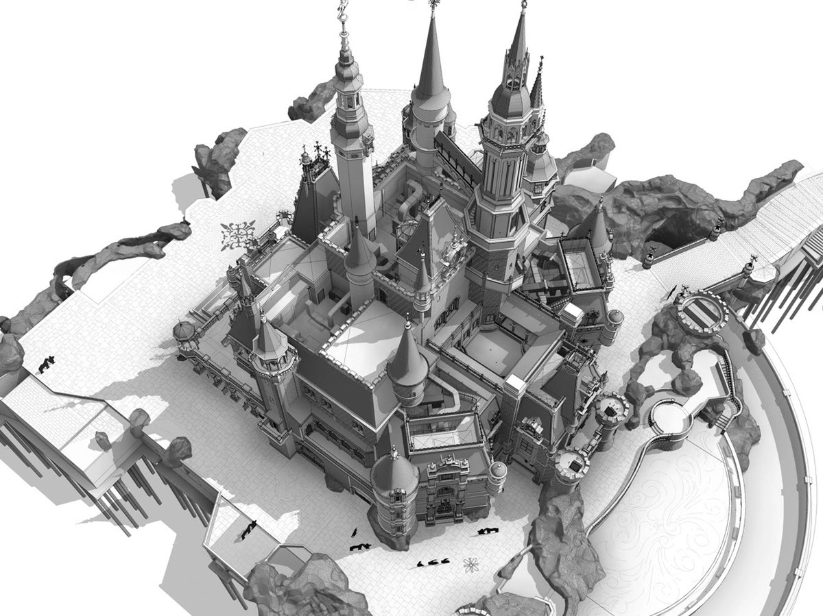 the giant enchanted storybook castle basically sits on another giant building that guests don't see. 
this image shows an underground world of operations that happens while guests unawarely circulate around, up, and inside the castle. 
a true architectural design feat.
