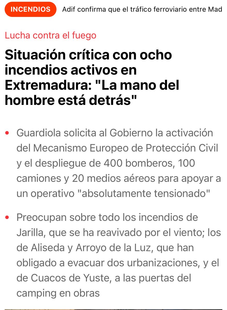 Mi tierra, Extremadura arde, el ambiente es irrespirable en la calle, e incluso en casa todo está lleno de humo, no me puedo ni imaginar cómo estarán en cada pueblo que está sucediendo de lleno. Mucha fuerza a todos, y que el responsable de esto pague antes o después.
