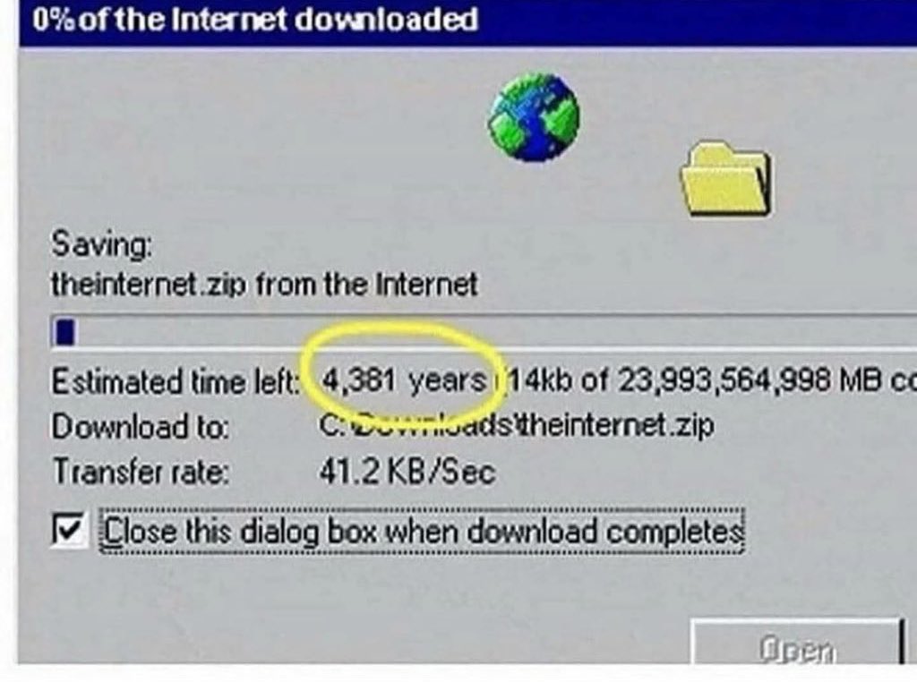 Vintage download dialog estimating 4,381 years to download the internet, illustrating how early we are in crypto development