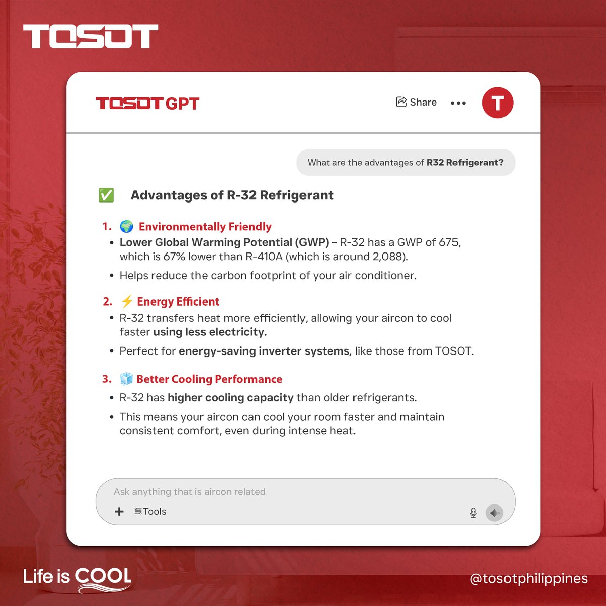 tosot_ph's tweet photo. ✅ Why Choose R-32 Refrigerant?
Smarter. Greener. Cooler. ❄️
🌍 Eco-Friendly
⚡ Energy Efficient
🧊 Better Cooling

With TOSOT R-32, you save energy, stay cool &amp; care for the planet. 💚
#TOSOTPhilippines #R32Refrigerant #LifeIsCool #EcoCooling https://t.co/jkl3WnrZjE