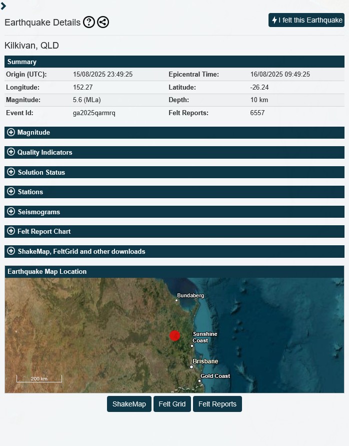 Felt the quake here in Brisbane!
At 9:49am, a magnitude ~5 earthquake (GA 5.6 ML; GFZ: 5.4; 4.9 USGS) occurred ~160km from Brisbane. Despite  QLD’s relatively low seismicity compared to other parts of  Australia, the tremor was felt across a wide area. details below from GA.