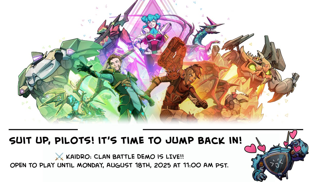 🔥 Suit up, Pilots ! It’s time to jump back in! 🔥

⚔️ Kaidro: Clan Battle Demo is LIVE and open to play until Monday, August 18th, 2025 at 11:00am PST.

✅ Experience the newest gameplay refinements
✅ Try out updated features and UI
✅ Team up, strategize, and dominate the