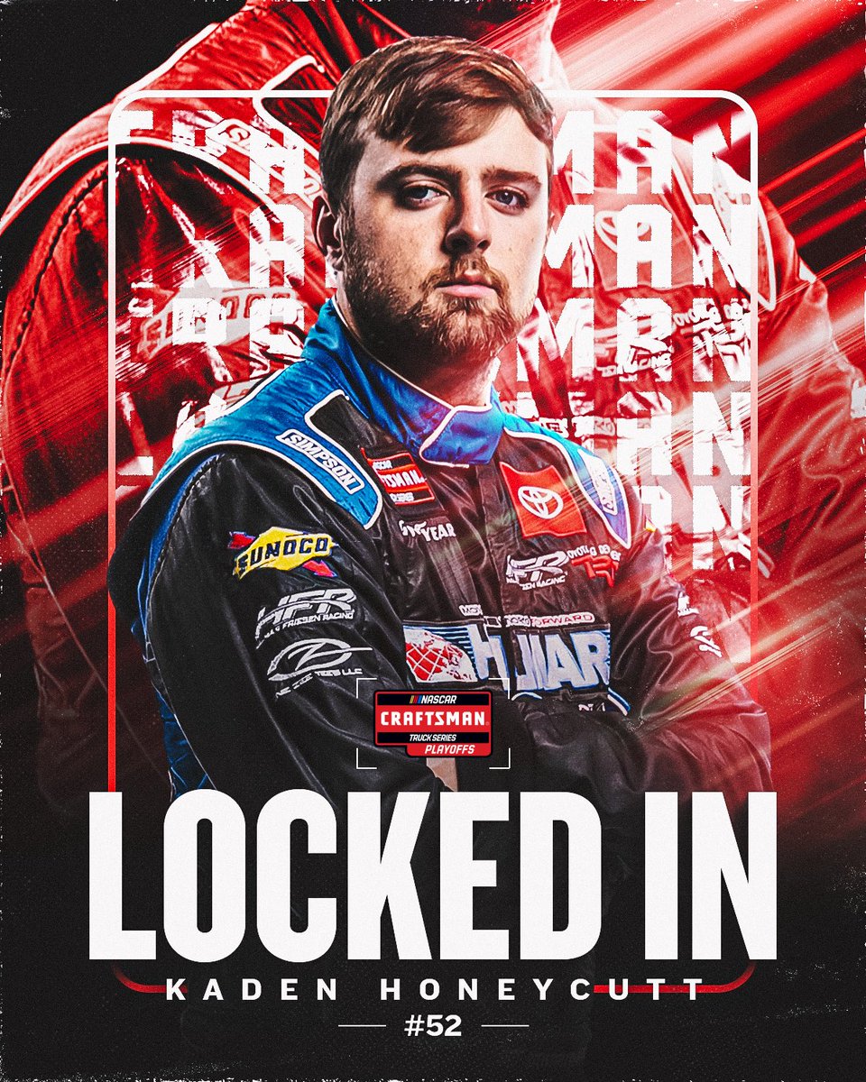 NASCAR CRAFTSMAN Trucks (@nascar_trucks) on Twitter photo Clinched the chance to race for a championship.
<a href="/KadenWHoneycutt/">Kaden Honeycutt</a> is locked into the NASCAR Playoffs! Clinched the chance to race for a championship.
<a href="/KadenWHoneycutt/">Kaden Honeycutt</a> is locked into the NASCAR Playoffs!