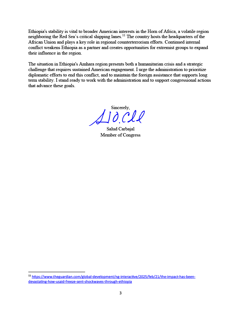 ⚡️ℹ️#UPDATE: AAA thanks <a href="/RepCarbajal/">Rep. Salud Carbajal</a> (CA-24🇺🇸) for writing a letter to the office of <a href="/SecRubio/">Secretary Marco Rubio</a> calling for greater attention to the ongoing humanitarian crisis related to the war in Amhara Region of Ethiopia.

📌The letter specifically called on Secretary Rubio's office to: