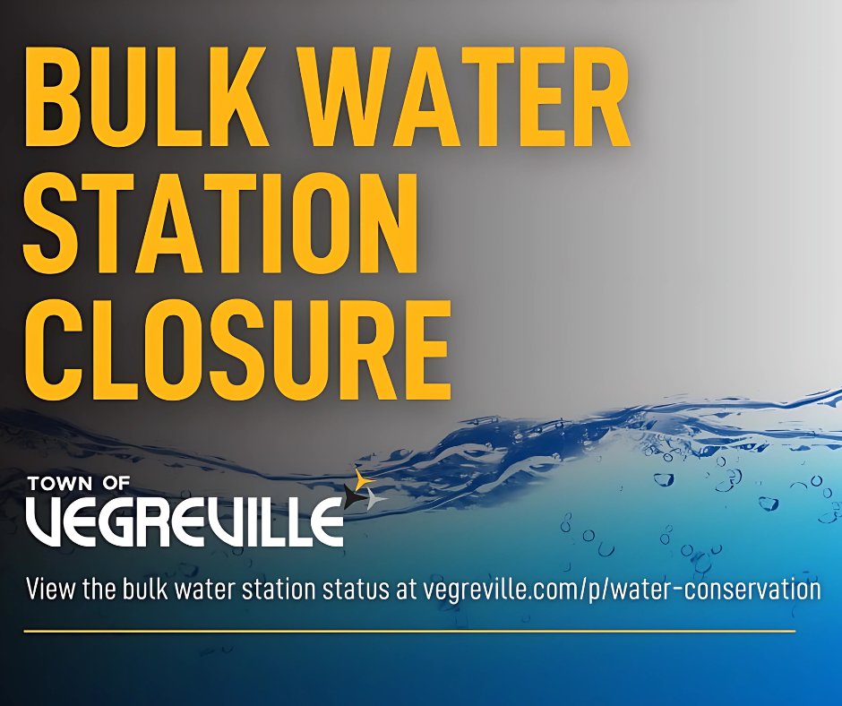 .
🚨 𝐍𝐨𝐭𝐢𝐜𝐞 𝐨𝐟 𝐓𝐞𝐦𝐩𝐨𝐫𝐚𝐫𝐲 𝐋𝐚𝐧𝐞 𝐂𝐥𝐨𝐬𝐮𝐫𝐞

Be advised that Lane 1 and Lane 2 at the Town of Vegreville’s Bulk Water Station are temporarily closed until further notice.

CHECK STATUS: vegreville.com/p/water-and-se…

#Vegreville | #RoomToGrow