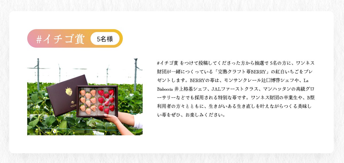 daiki_berry's tweet photo. 【5名様にBERRYの苺が当たる🍓】
私たちが一緒に農福連携に取り組むワンネス財団 @oneness_group が今年20周年を迎えます。その記念サイトで、プレゼントキャンペーンが始まりました！

#今日の3つのいいこと と #イチゴ賞 の2つのタグをつけて投稿→抽選で苺がもらえる🍓誰でもXで参加できます🧑‍🌾 https://t.co/hRbvHTVO8T