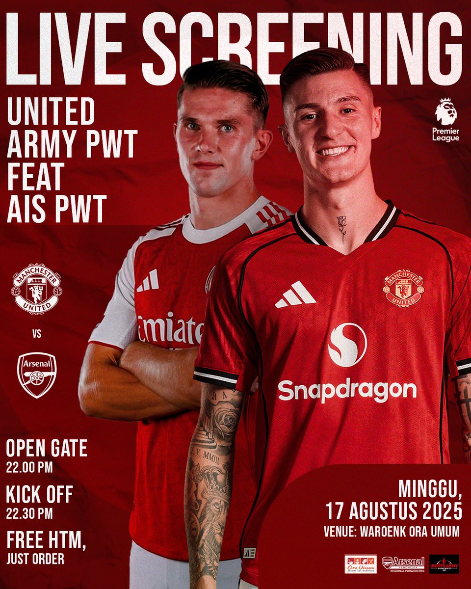 LIVE SCREENING
Super Sunday game week 1 <a href="/premierleague/">Premier League</a>
United Army Purwokerto feat @ais_pwt 

Minggu, 17 Agustus 2025
Man.United vs arsenal
Kick off : 22.30 WIB
Open Gate : 22.00 WIB
Free HTM, just order !
Venue : <a href="/waroenkoraumum/">waroenk oraumum</a> )

ramaikan guys !