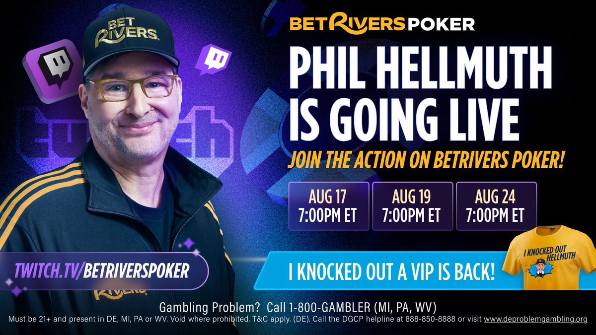 🚨 SUNDAY NIGHT! 🚨
Phil Hellmuth goes LIVE on BetRivers Poker 🎯

🕖 7 PM ET
📺 Watch 👉 twitch.tv/BetRiversPoker

💥 Bust The Poker Brat &amp; win the exclusive “I Knocked Out Hellmuth” shirt 👕🔥