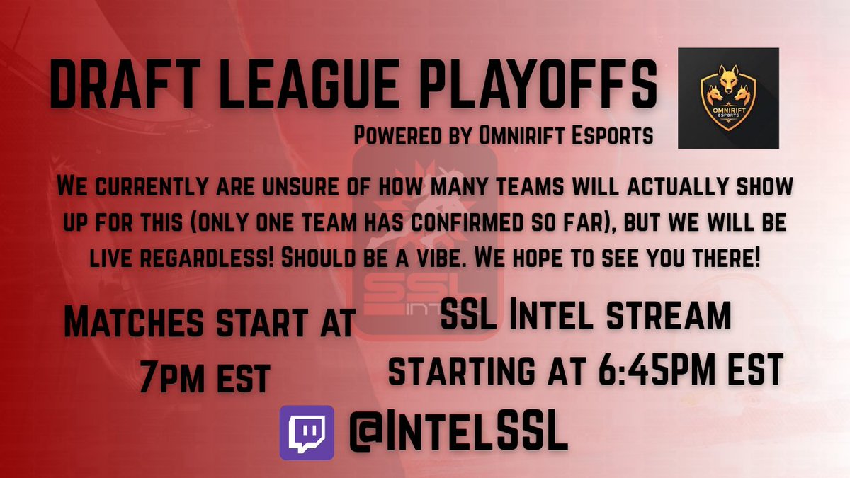 SSL Intel (@intelssl) on Twitter photo Join us tomorrow night for the Draft League Playoffs powered by <a href="/omniriftesports/">OmniRift Esports</a>! We will be live around 6:45 PM EST!
Hopefully, we have most of the teams show up for this! There's $1000 on the line! This is also the last #Splitgate2 event til 2026 so let's go out with a BANG! Join us tomorrow night for the Draft League Playoffs powered by <a href="/omniriftesports/">OmniRift Esports</a>! We will be live around 6:45 PM EST!
Hopefully, we have most of the teams show up for this! There's $1000 on the line! This is also the last #Splitgate2 event til 2026 so let's go out with a BANG!