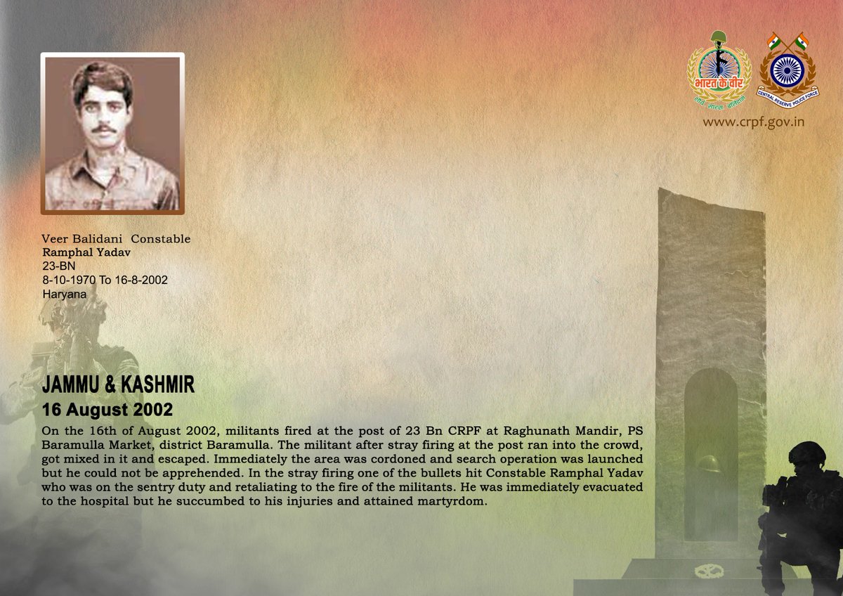 वीर बलिदानियों को श्रद्धांजलि!

16 अगस्त, 2002 को बारामूला, जम्मू कश्मीर में #CRPF की 23 बटा. की पोस्ट पर हुए कायरतापूर्ण आतंकी हमले में अदम्य साहस एवं दृढ़ता का परिचय देते हुए CT/GD रामफल यादव कर्तव्य पथ पर वीरगति को प्राप्त हुए। वीर बलिदानी को #सीआरपीएफ का कोटि-कोटि नमन।