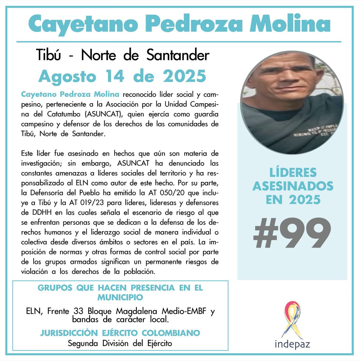Cayetano Pedroza Molina , de Tibú, Santander, es el líder social número 99 asesinado este año en Colombia.  Lo acribillaron sicarios de la banda narcotraficante ELN.

No tendrá capilla ardiente, marchas de protesta ni decreto de duelo nacional.