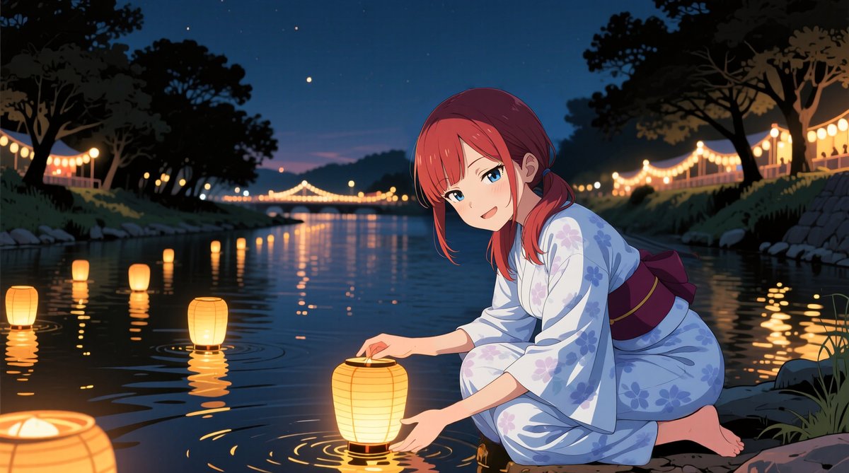8月16日は「月遅れ盆送り火」
お盆に帰ってきた先祖の霊を送り出す行事
「送り火」はあの世へと戻る先祖の霊を
見送りする目的で火が焚かれます

今回もQwen−Imageを使って
灯篭流しを再現してみました
プロンプトもChatGPTに頼んだら
いい感じの背景生成してくれました
#AIart #AIイラスト︎