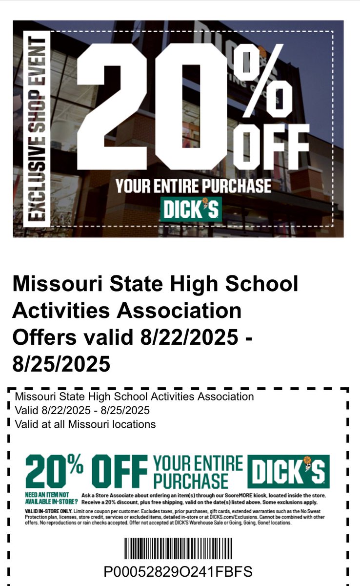R7 Activities (@r7activities) on Twitter photo MSHSAA sent this 20% coupon for anyone to use at Dicks Sporting Goods 8/22-8/25/25
<a href="/R7_Football/">Jefferson R-7 Football</a> <a href="/JeffersonR7XC/">R7 Cross Country</a> <a href="/Blue_JaySball/">JeffersonBlueJaysSoftball</a> <a href="/BlueJayBoosters/">BlueJay Boosters</a> <a href="/jeffR7ladyjays/">Lady Jays Basketball</a> <a href="/JHS_vball/">Jefferson High School Volleyball</a> <a href="/JHS_R7_Dance/">Jefferson R-7 Dance Team</a> <a href="/r7cheerleaders/">Jefferson R7 Cheerleading</a> <a href="/bluejaystrack/">JHS Blue Jays Track and Field</a> <a href="/DanbyRT/">Danby-Rush Tower MS</a> <a href="/STLhssports/">STLhighschoolsports</a> <a href="/LiveStreamSTL/">Live Stream STL</a> MSHSAA sent this 20% coupon for anyone to use at Dicks Sporting Goods 8/22-8/25/25
<a href="/R7_Football/">Jefferson R-7 Football</a> <a href="/JeffersonR7XC/">R7 Cross Country</a> <a href="/Blue_JaySball/">JeffersonBlueJaysSoftball</a> <a href="/BlueJayBoosters/">BlueJay Boosters</a> <a href="/jeffR7ladyjays/">Lady Jays Basketball</a> <a href="/JHS_vball/">Jefferson High School Volleyball</a> <a href="/JHS_R7_Dance/">Jefferson R-7 Dance Team</a> <a href="/r7cheerleaders/">Jefferson R7 Cheerleading</a> <a href="/bluejaystrack/">JHS Blue Jays Track and Field</a> <a href="/DanbyRT/">Danby-Rush Tower MS</a> <a href="/STLhssports/">STLhighschoolsports</a> <a href="/LiveStreamSTL/">Live Stream STL</a>